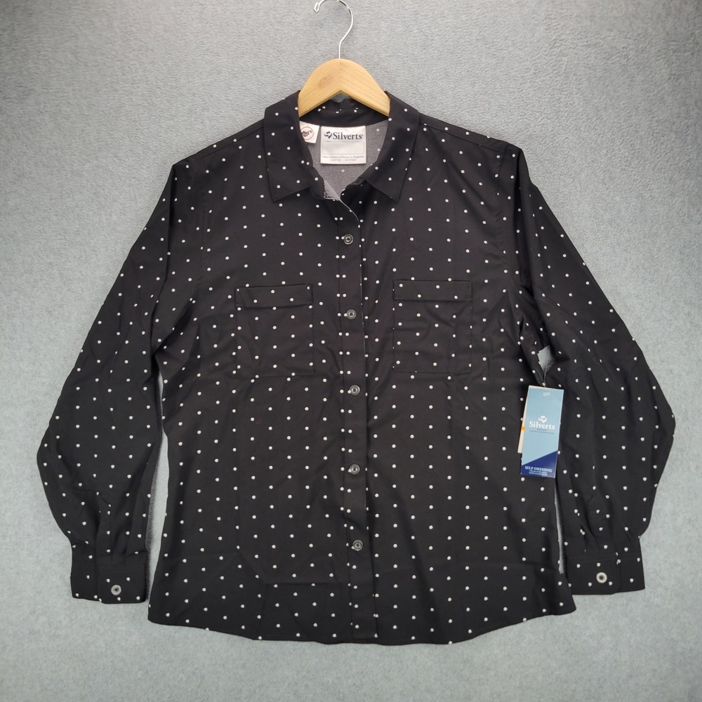 Silverts Adaptive Button Down Shirt Women Large Black Polka Dot Magnetic SV46020